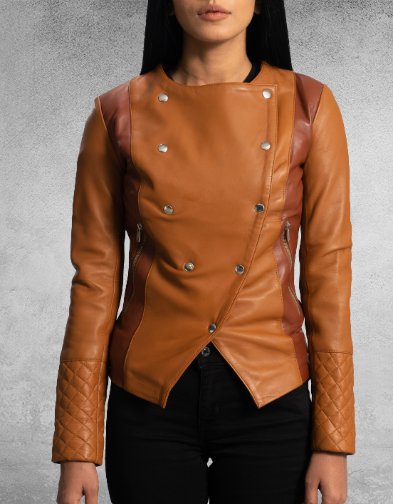 Aeldra Tan Brown Overlap Leather Jacket